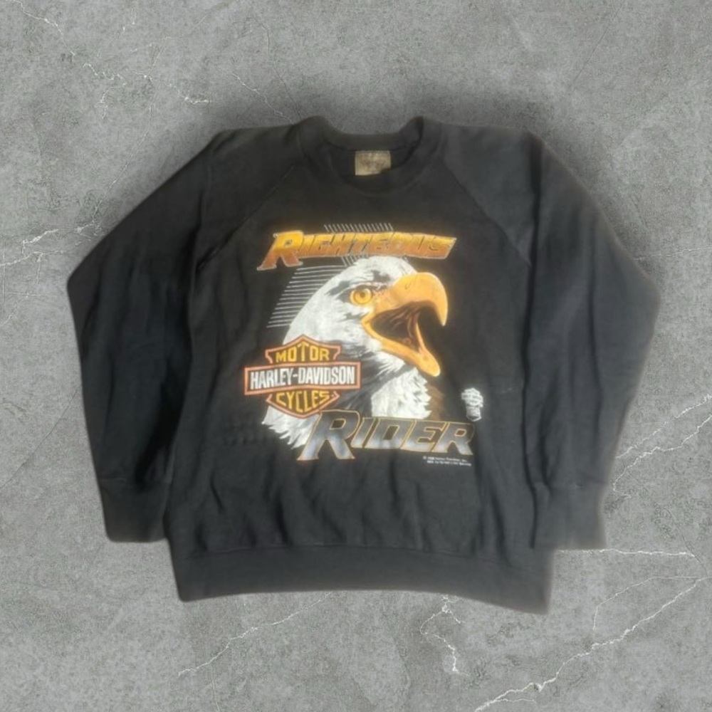 Vintage Harley‎ Davidson Sweatshirt Mens Medium Black 80s Eagle Righteous Rider